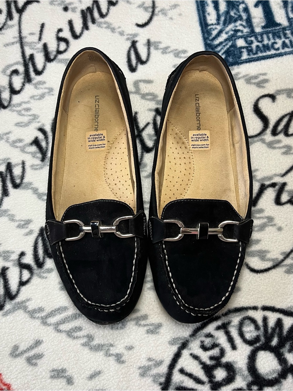 Liz Claiborne Black Suede Loafers with Silver Bit